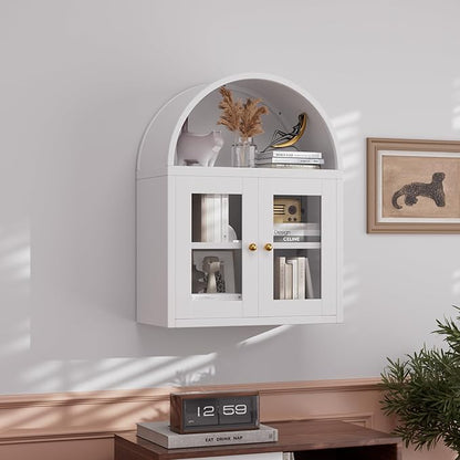 Metal Arched Wall Cabinet,Bathroom Wall Mounted Cupboard,Modern Arched Storage Cabinet with Glass Door and Adjustable Shelf,Space Saver Wall Cabinet,Requires Assembly(White)