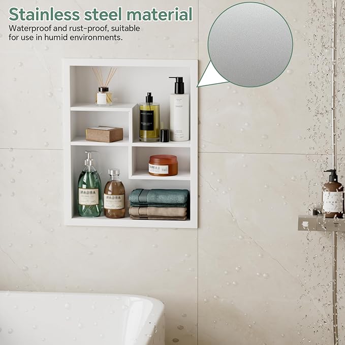 Stainless Steel Recessed Medicine Cabinet 14 * 18, Rust-proof Metal Wall Niche, In Wall Shower Niche Shelf Insert Replacement, Recessed Medicine Cabinets for Drywall, with 4 Compartments, White