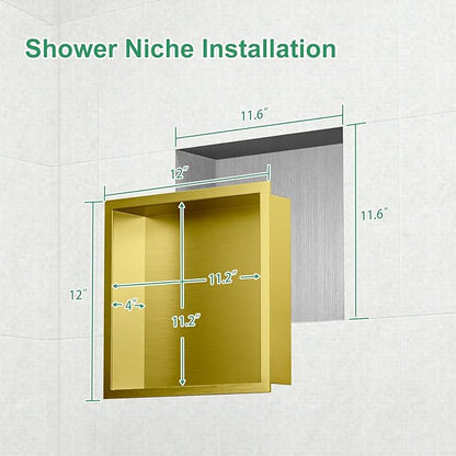 SaniteModar Shower Niche, Stainless Steel Shower Niche 12" X 12" No Tile Needed, Recessed for Bathroom Storage, Brushed Gold (Brushed Gold, 12x12)