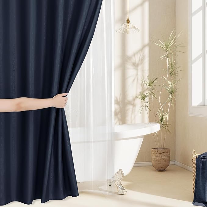MitoVilla 3 in 1 Shower Curtain Set, Navy Blue Boho Farmhouse Linen Textured Bath Curtain and Clear PEVA Liner Set with 12 Double Sided Steel Hooks, Waterproof Fabric Hotel Bathroom Curtain - 72x72