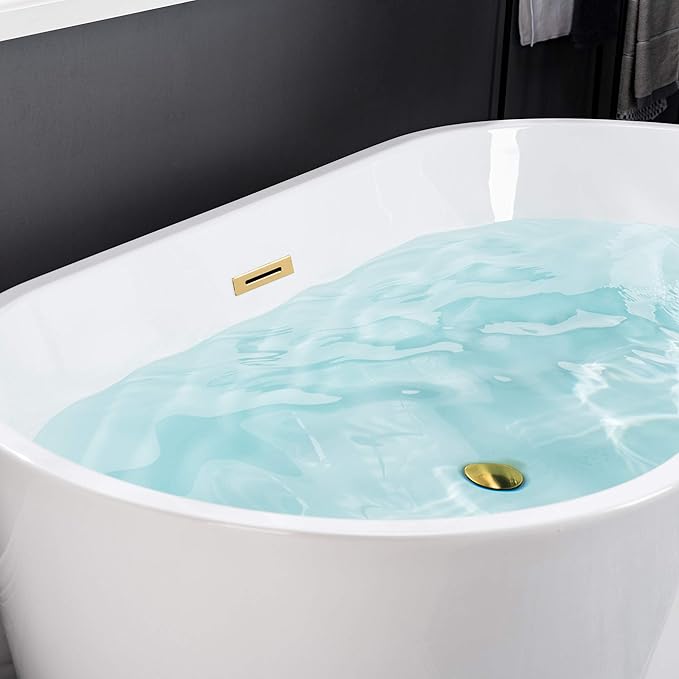WOODBRIDGE 59" Freestanding White Acrylic Soaking Bathtub with Brushed Gold Drain and Overflow,BTA1514 -BG-Drain &O