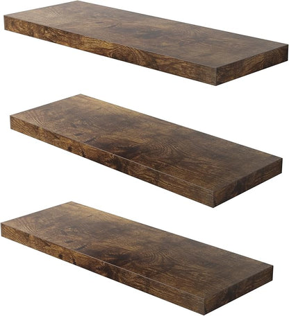 Floating Shelf, Set of 3 Wall Shelf, 36 in W x 12.75 in D x 2 in H Wooden Floating Wall Shelf with Invisible Brackets for Living Room/Bedroom/Bathroom/Kitchen Storage and Decor, Rustic Brown