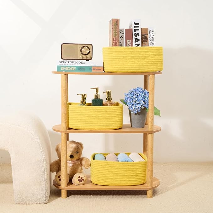 Small Storage Baskets for Organizing | Closet Organizer Bins | Shelf Toy Basket | Woven Rope Baskets | Cube Decorative Box | Shallow Basket | 13x8.5x5.1” | 4 Packs Yellow
