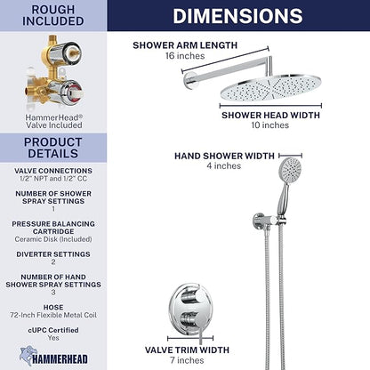 HammerHead Solid Metal Rain Shower System Set with Handheld and 10" Rainfall Head, Shower Valve and Trim Kit, 2-Handle Shower Faucet Set with 2 Way Diverter Body – Chrome