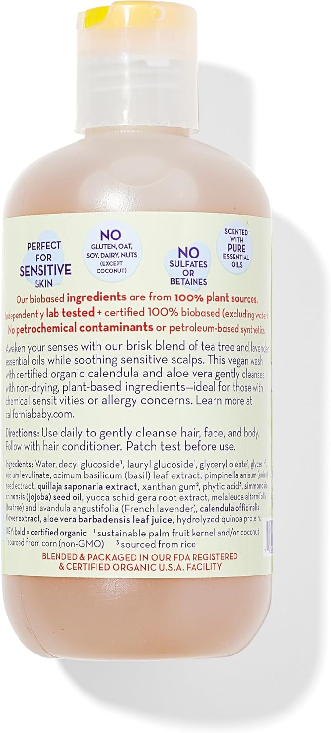 California Baby Tea Tree & Lavender Baby Wash + Baby Shampoo | 100% Plant-Based | Tea Tree Shampoo For Sensitive Skin | Hypoallergenic | 251mL / 8.5oz