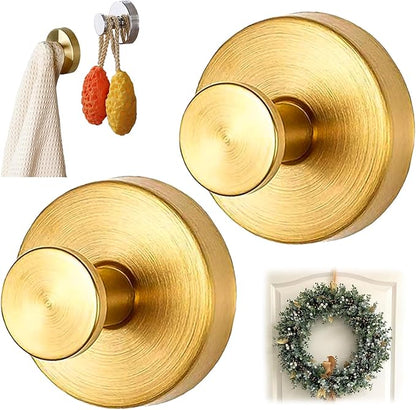 2-Pack Removable & Reusable Suction Cup Hooks for Shower, Heavy Duty No-Drill Cup Hooks for Towels, Robes, Loofah–Wreath Hangers for Front Doors, Mount on Glass, Mirror, Tile (Gold, 2 Pack)