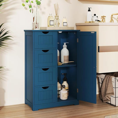 Tangkula Bathroom Floor Cabinet, Freestanding Storage Cabinet with 4 Drawers & Single Door, Adjustable Shelf, Multipurpose Bathroom Storage for Home Office, 21.5 x 12 x 32.5 Inches (Blue)