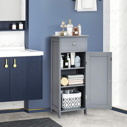 DORTALA Bathroom Floor Cabinet, Free-Standing Wooden Floor Storage Cabinet w/Large Drawer & 2 Adjustable Shelves, Morden Side Storage Bathroom Organizer Cabinet for Living Room, Grey