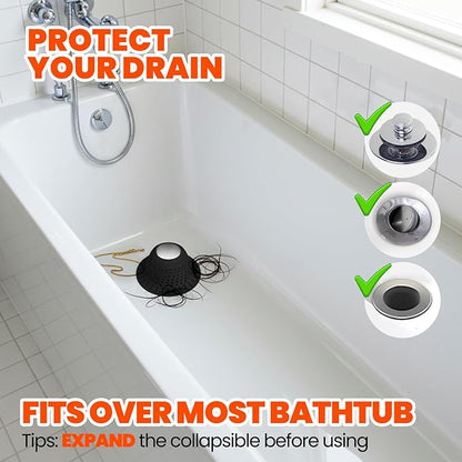 Shower Drain Hair Catcher - Bathtub Drain Cover Foldable Silicone，Shower Drain Protector for Pop-Up and Regular Drains of Shower,Tub, Bathroom, Sink, Silver-Black