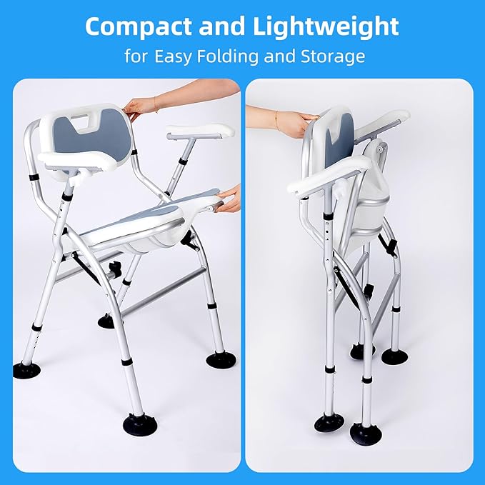 Shower Chair for Inside Shower,Foldable Shower Chair for Elderly and Disabled, Adjustable Height Chairs with Padded Arms and Back for Bathroom,Compact and Comfortable ,Extra Wide U-Shape