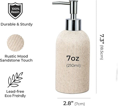 Lunestella Elegant Boho Beige Hand Soap Dispenser with Silver Pump, for Bathroom and Kitchen, Rust Proof, 7oz
