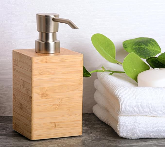 Bamboo Soap Dispenser with Anti-Slip Pads and Stylish Horizontal Wood Grain, Hand Dispenser for Bathroom, Kitchen, Dish, Lotion, Shampoo, Liquid Soap (7 Oz)