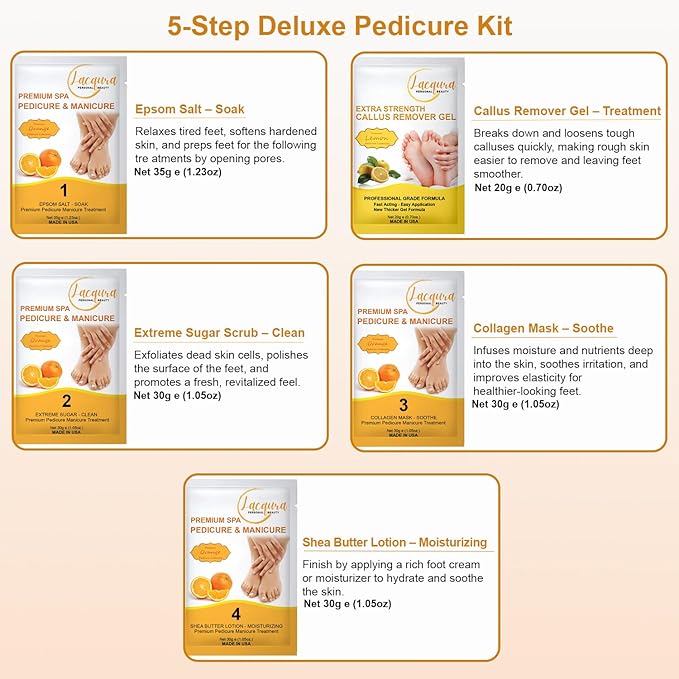 Epsom Salt Soak, Callus Remover Gel, Extreme Sugar Scrub, Collagen Mask & Shea Butter Lotion – Professional Spa Foot Care System 5 Step Luxury Pedicure Kit. Orange 12 Set