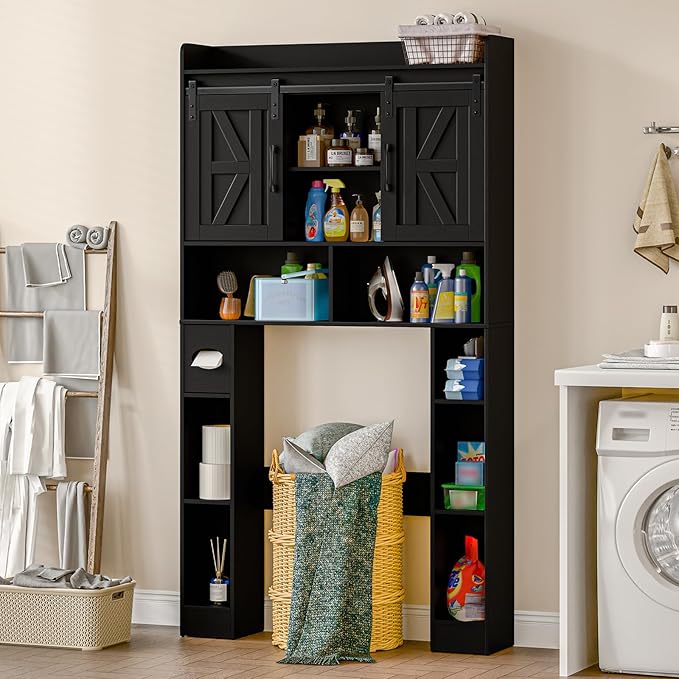 Farmhouse Storage Cabinet Over Toilet with Sliding Doors，Over The Toilet Storage Cabinet, Home Space-Saving Toilet Rack, for Bathroom, Restroom, Laundry.Pure Black