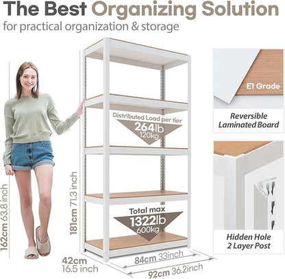 HOMEDANT House 5 Tier Laminated Metal Shelving Unit Adjustable Storage Utility Rack Heavy Duty Shelves Organization Multipurpose Shelf Kitchen Garage Pantry Closet (10, (M) 36.2" W, White)