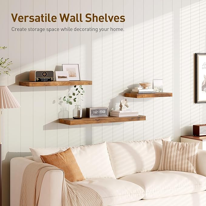 Floating Shelves for Wall, 1.5" Thick Wall Shelf Set of 4 with Invisible Brackets, 15.7L x 7.9W Hanging Shelves Farmhouse Home Decor for Bathroom, Living Room, Bedroom, Rustic Brown 4301BJP4BF