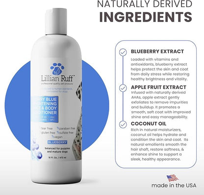 Lillian Ruff PRO Formula Berry Blue Brightening Dog Conditioner - Professional Whitening Conditioner Hydrate Dry Skin, Soften, Detangle, Restore Shine - Provitamin B5, USA Made 16oz