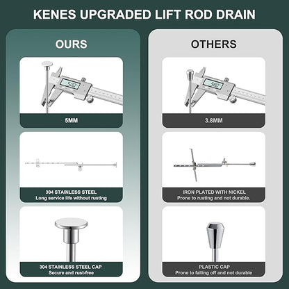 KENES Bathroom Sink Drain Stopper with Lift Rod, Chrome Sink Drain with Overflow, Lavatory Pop Up Drain Assembly for Bathroom Vanity Sink, LJ-P701-5