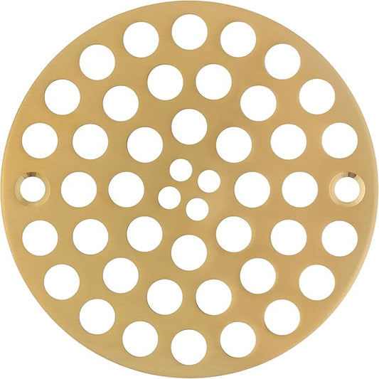 4 Inch OD Round Screw-in Brushed Gold Shower Drain Strainer - Brass Construction, Efficient Drainage & Versatile Use