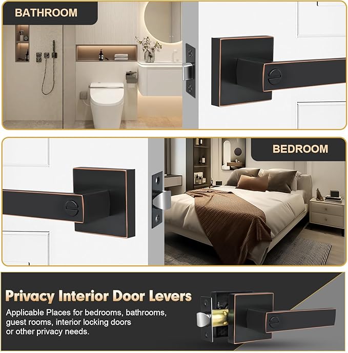 Privacy Door Levers, 8 Pack Oil Rubbed Bronze Door Handles Interior Heavy Duty Bed and Bath Keyless Door Locksets, Reversible for Left Right Handed Doors