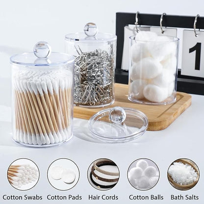 6 Pack Qtip Holder,Canister Apothecary Jar Set, Bathroom Jars with Lids Set for Cotton Swabs, Balls, Pads, Floss Picks,10oz-12oz Plastic Canisters Restroom Bedroom Vanity Organizer(Clear)