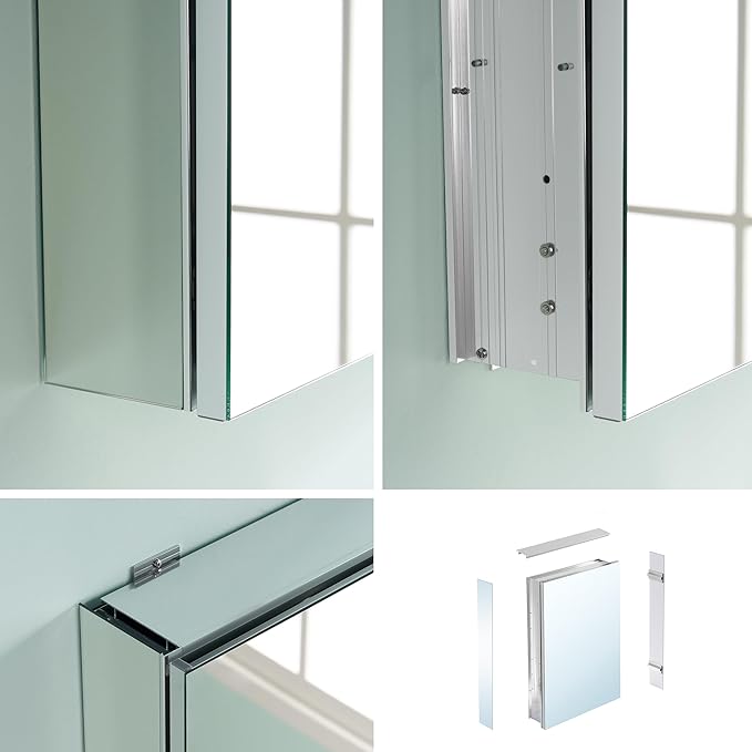 WELLFOR 16" x 24" Bathroom Medicine Cabinet, Anodized Chrome Aluminum Frame, Medicine Cabinet with Adjustable Glass Shelves, Bathroom Cabinet with Reverse Door Installation, Surface or Recessed Mount