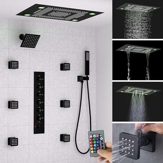 24x32 LED Dual Head Shower System 24"x32" Ceiling Mount Shower Head Thermostatic Shower System Rainfall Shower Set with 6 Inches Shower Head and 6 Body Jets High Pressure Shower Handheld