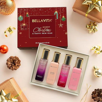 BellaVita Luxury Women's Perfume Gift Set (4x20ml) | Notes of Floral, Sweet, Spicey Red Fruit, Vanilla & Musk | DATE, SENORITA, GLAM & ROSE | French Parfum Collection Gift Set