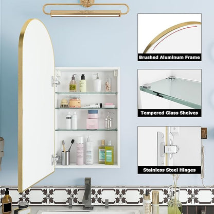 FKWin Arched Gold Bathroom Medicine Cabinet with Mirror, Left or Right Opening, Bathroom Mirror with Storage, Surface Mount Medicine Cabinet not Recessed, Gold, 16x32 inch