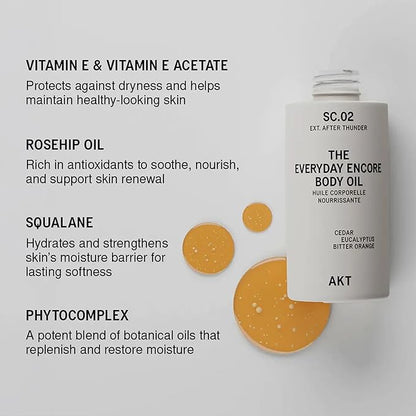 AKT Everyday Encore Body Oil 3.4 Fl Oz, SC.02 After Thunder Scent, Dry Body Oil After Shower, Skin Moisturizer, Fast Absorbing, Lasting Glow, Cedar Fragrance, Non-Greasy, All Genders Skincare