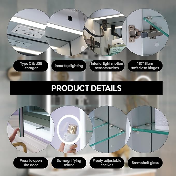 WELLFOR 24 x 32 Inch LED Medicine Cabinet with Lights, 3X Magnification Makeup Mirror, Bathroom Vanity Mirror Cabinet with Storage, Anti Fog, Surface or Recess Mount, Right Opening Door