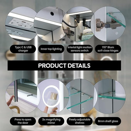 WELLFOR 24 x 32 Inch LED Medicine Cabinet with Lights, 3X Magnification Makeup Mirror, Bathroom Vanity Mirror Cabinet with Storage, Anti Fog, Surface or Recess Mount, Right Opening Door