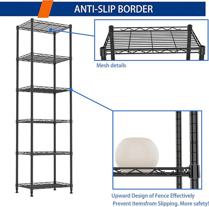 REGILLER 6 Wire Shelving Steel Storage Rack Adjustable Unit Shelves for Laundry Bathroom Kitchen Pantry Closet(Black,11.7" D x 16.8" W x 63" H)