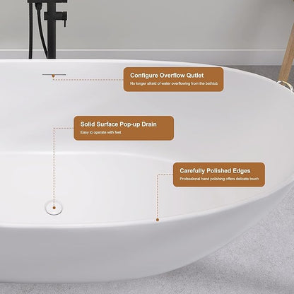 SJ STAR&JANE 73" Solid Surface Freestanding Bathtub Stone Resin Tub Oval Double Slippers Stand Alone Soaking Tub with Pop-up Drain and Overflow, Matte White
