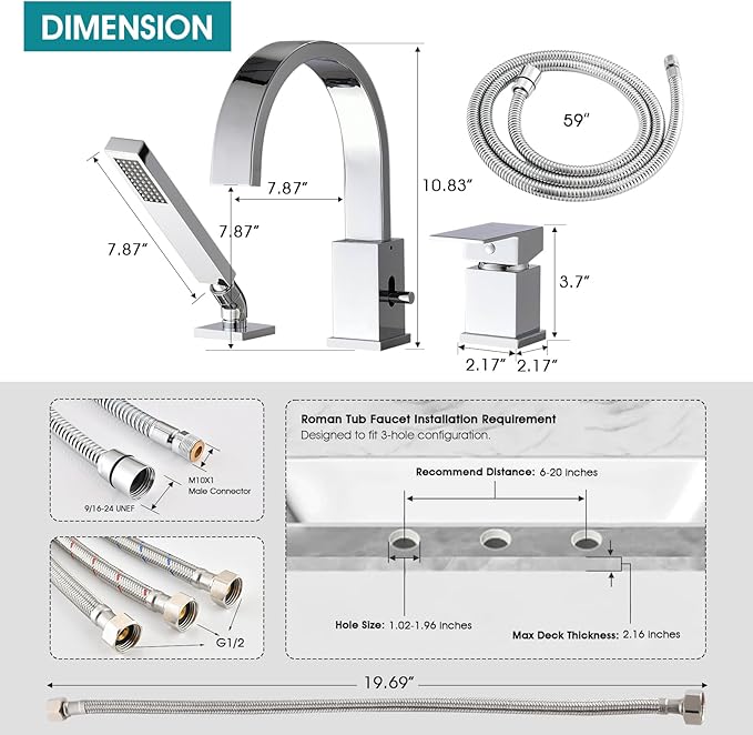 Brass Roman Tub Faucet with Handheld Sprayer, Deck Mount Bathtub Faucet with Hand Shower, 3 Hole Waterfall Faucet with 360 Spout, Single Handle Tub Filler with 8 GPM High Flow, Chrome