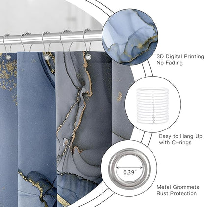Extra Long Shower Curtain 72 x 84 Inch, Navy Blue Tall Abstract Marble Shower Curtains for Bathroom, Modern Luxury Art Decor Ink Texture Fabric Shower Curtain Set with Hooks