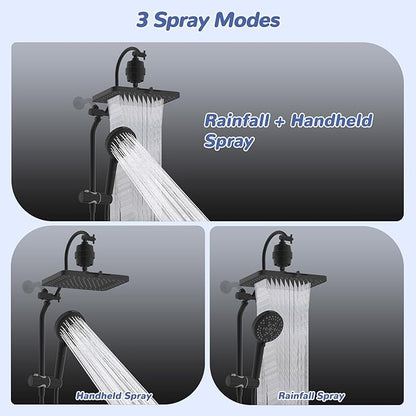 Hibbent 5-spray Filtered Rainfall Shower Head Combo, High Pressure 13'' Showerhead with 10 Spray Modes Handheld, All Metal 3 way Diverter Shower Arm, 71'' Hose and Holder, Matte Black