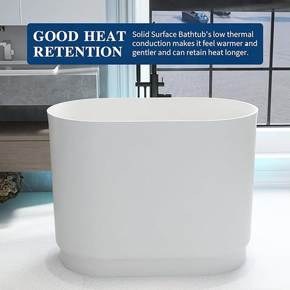39" Stone Resin Janpanese Soaking Tub, Freestanding Deep Soaking Bathtub with Seat Desgin,Toe-tap Chrome Right Drain, Slotted Overflow, cUPC Certified, in Matte White