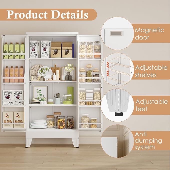 48" H Metal Kitchen Pantry Storage Cabinet, Freestanding Cupboard Storage Cabinet with Doors and Adjustable Shelves, Large Stand Up Food Cupboard for Living Room, Dinning Room, White