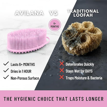Silver Infused Silicone Body Scrubber Shower - Gentle Back Scrubber Soft Bristles - Avilana Premium Dual Sided Bath Brush Massage - Advanced Material Loofah Alternative - Gift Women Men