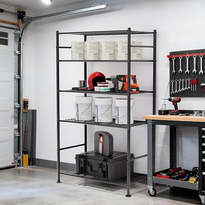 5 Tier Shelf Organizer Rack, Metal Shelving Unit with Adjustable Leveling Feet, Space-Saving Storage Shelves for Garage Closet Laundry Bathroom Kitchen Pantry, 33.07”Wx12.6”Dx72.04”H,Black