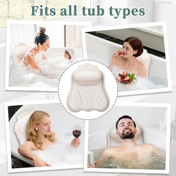 Silicone Bath Pillow for Tub Adults, 4D Air-Cushion Bathtub Pillow for Head Neck and Back Support, Non-Slip Suction Cups, Quick-Drying Waterproof Spa Pillow, Easy to Clean & Store，White