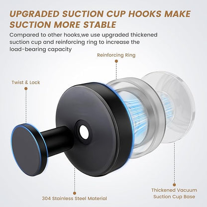 BKV Suction Cup Hooks for Glass Window,Removable Shower Hooks for Inside Shower,Metal Towel Hooks for Bathrooms,4 Pack(Black)