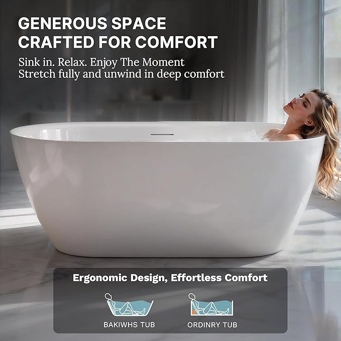 67" Acrylic Freestanding Soaking Bathtub, Modern Oval Acrylic Bath Tub with Pop-up Drain & Integrated Overflow for Soaking and Bathing, cUPC Certified, Glossy White Finish