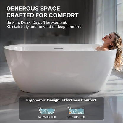 67" Acrylic Freestanding Soaking Bathtub, Modern Oval Acrylic Bath Tub with Pop-up Drain & Integrated Overflow for Soaking and Bathing, cUPC Certified, Glossy White Finish