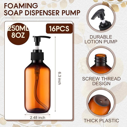 Uiifan 16 Pcs 8.5 oz Amber Foaming Soap Dispenser Refillable Foam Pump Bottle Liquid Plastic Container for Kitchen Bathroom Commercial Concentrated or Regular Shampoo Body Wash Dish Liquid Soap