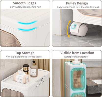 KHNR 2-Tiers Slim Bathroom Storage Cabinet, Foldable Storage Cabinets,Narrow Bathroom Storage,Movable Bathroom Storage Organizer for Small Spaces,Bathroom,Kitchen,Laundry,Cream White