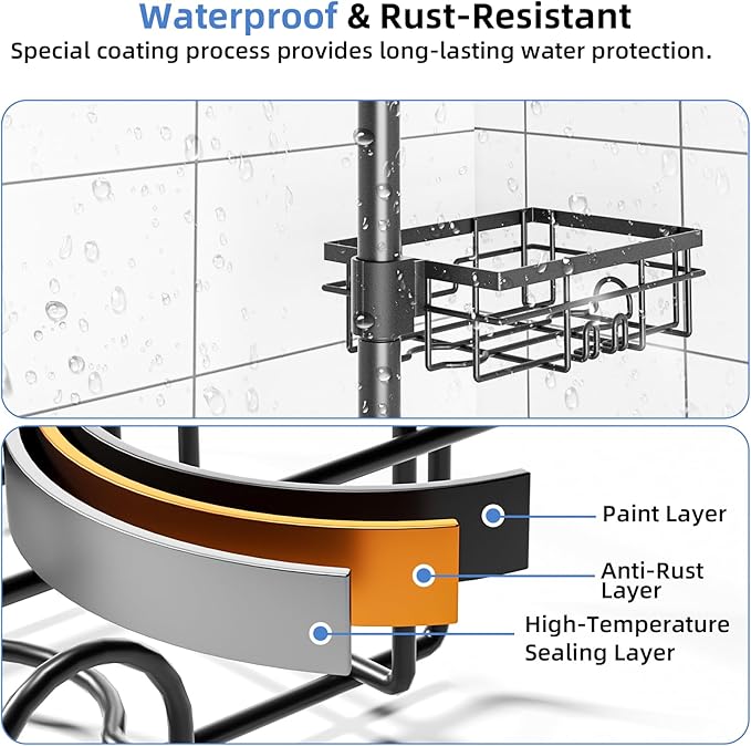 GearFusion Shower Caddy Organizer Tension Pole, Rustproof 4 Tier Corner Shower Rack with 25–114 Inch Adjustable Height for Bathroom Storage, Extra Towel Rack, Soap Dish and Toothbrush Holder, Black