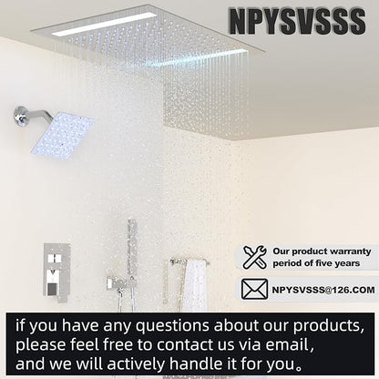 Rain Shower Head System with 14x20 Inch Ceiling Mount LED Head & 6 Inch Wall Head and Handheld Shower 3 Way Pressure Balance Valve Kit,Polished Chrome