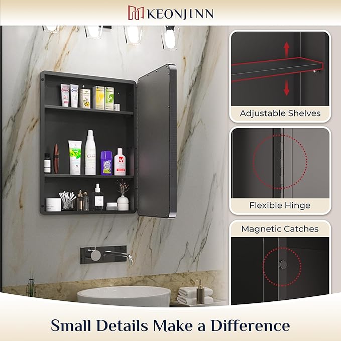 Keonjinn Black Medicine Cabinet 17 x 25 Inch, Heavy & Solid Bathroom Medicine Cabinet with Mirror, Stainless Steel Framed, Adjustable Shelves, Recessed or Wall Mount, Bathroom Mirror with Storage
